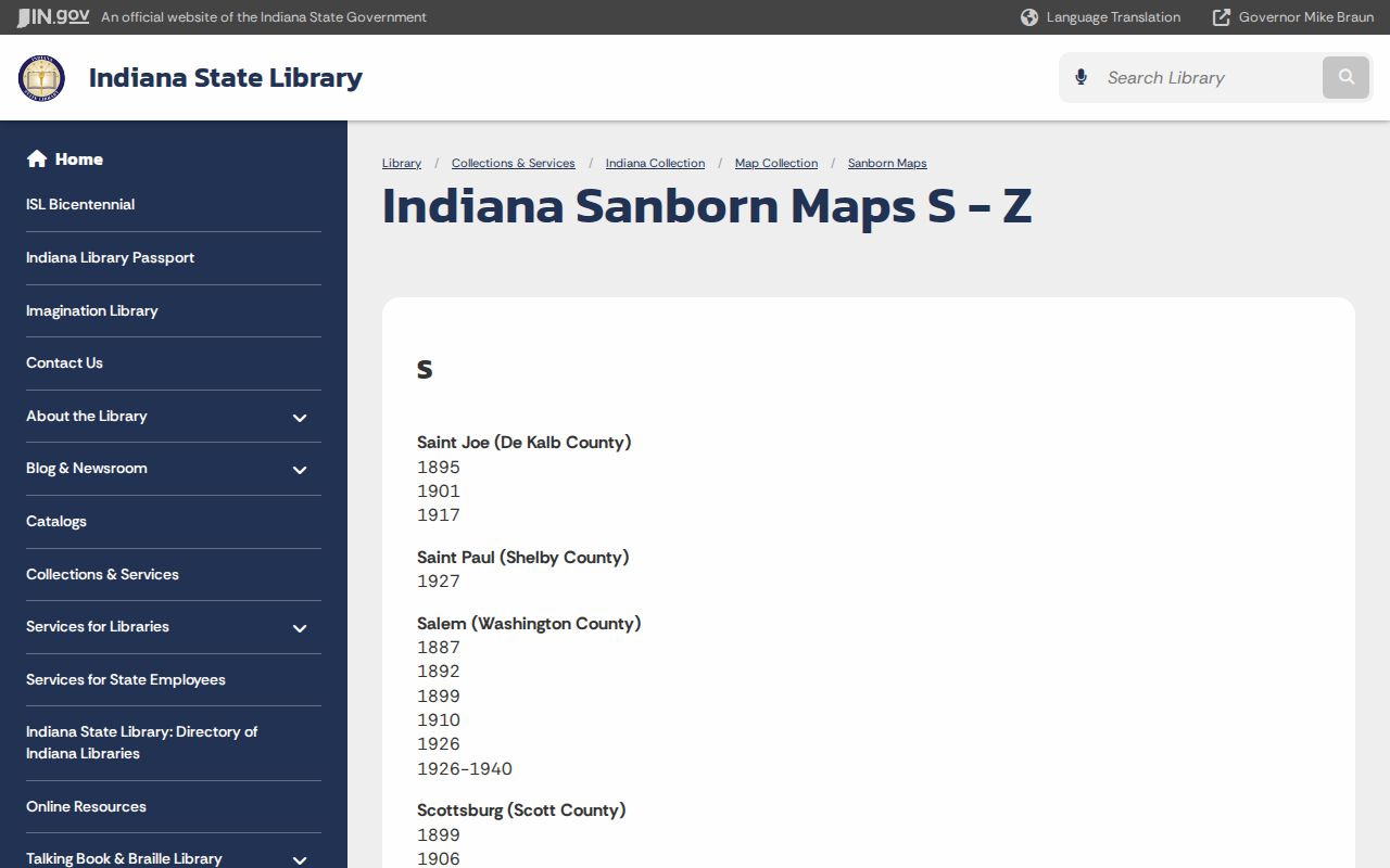Indiana State Library list of historic Terre Haute Sanborn maps