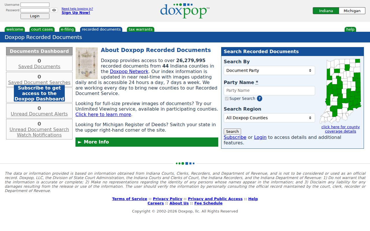 Doxpop Recorder search entry for Vigo County deed research