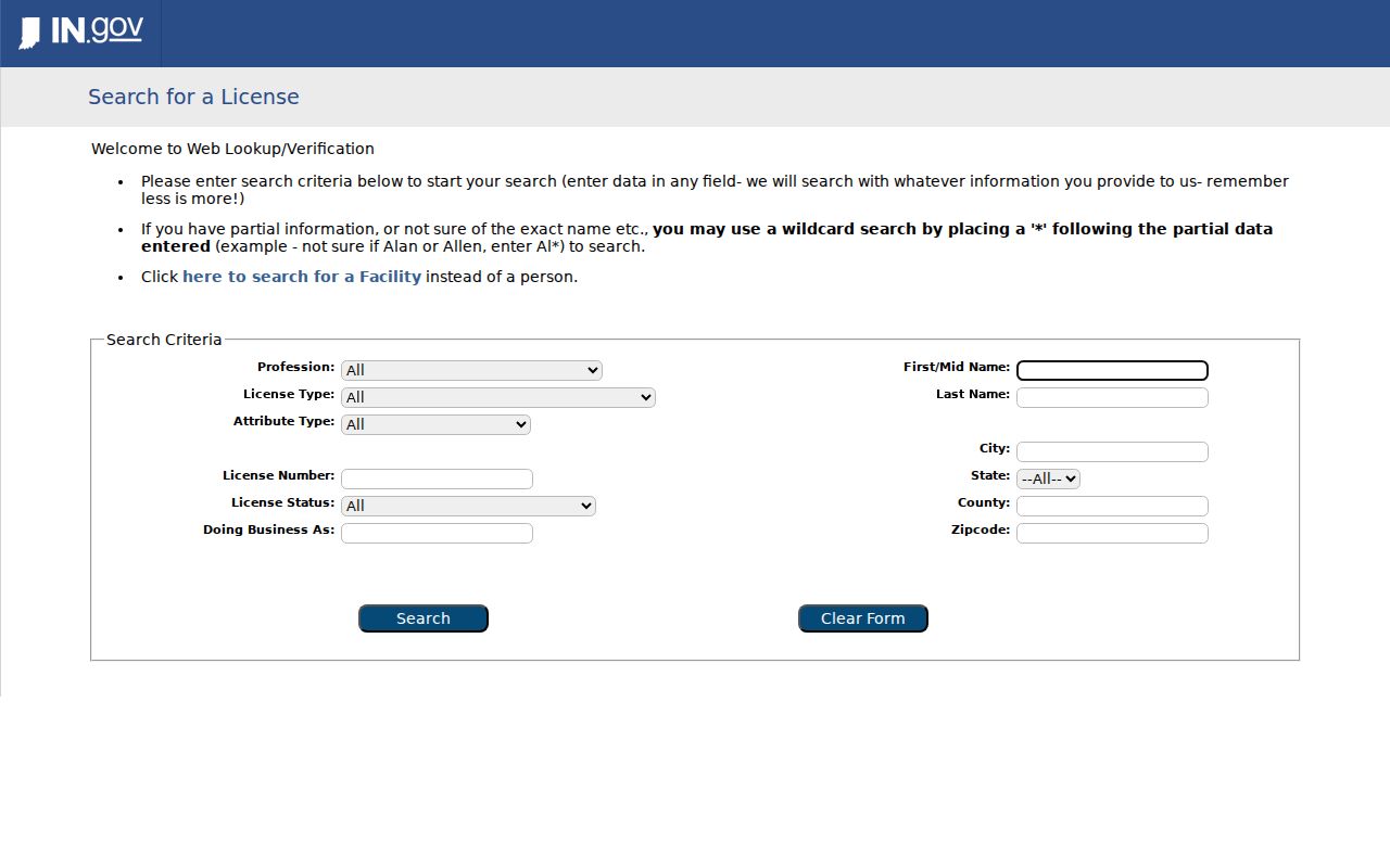 Terre Haute resident lookup through Indiana professional license verification